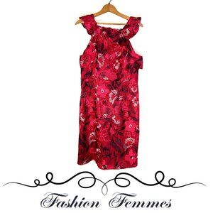 Halston Red Print Ruffle Shoulder Dress